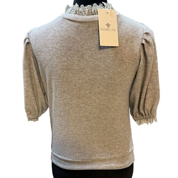 Shabby Chic Grey Keyhole Neck Shirt Sleeve Sweater with Lace Trim. 1 Button sz S - Picture 8 of 16